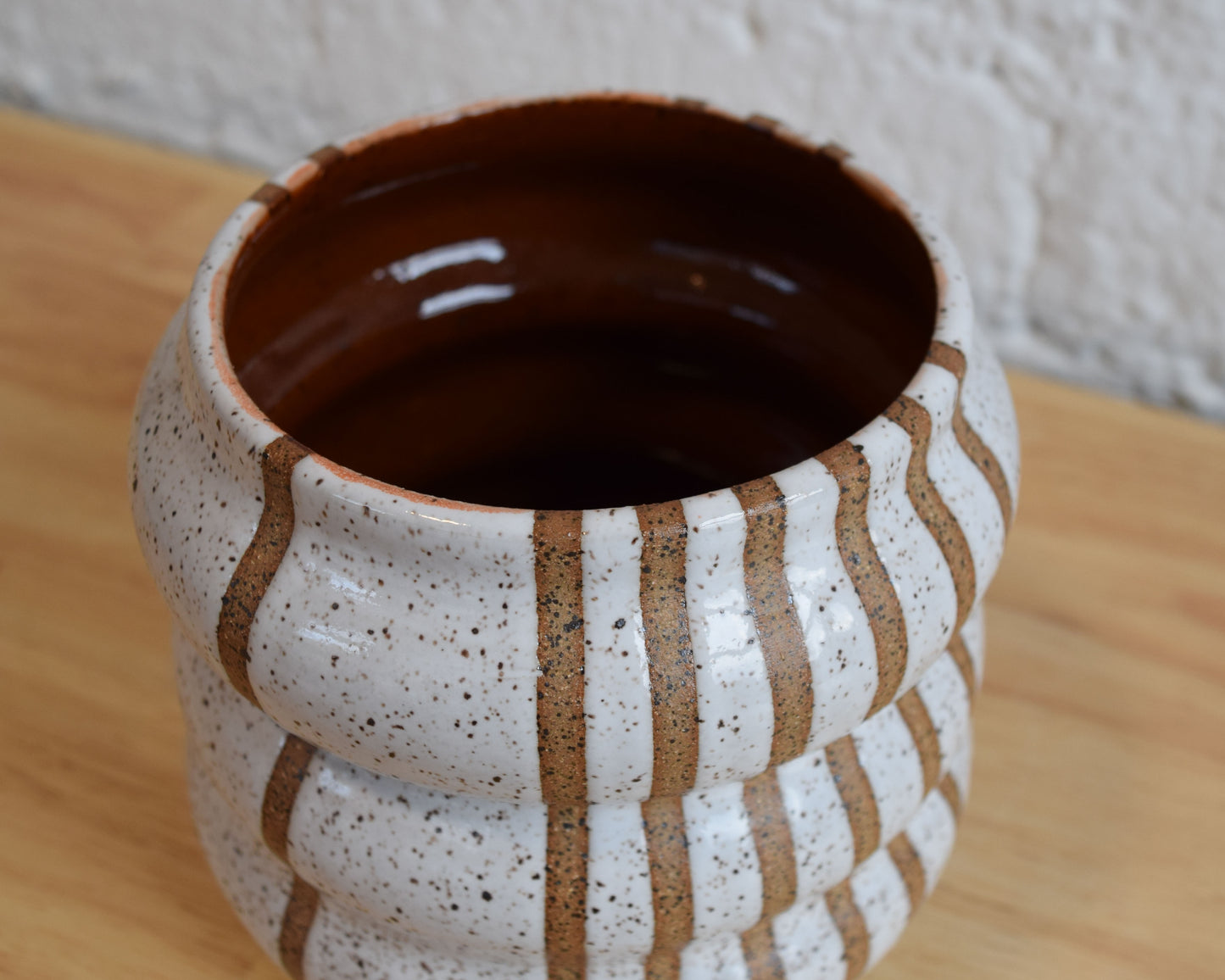 White Wavy Lines Vase Burnt Orange Inside