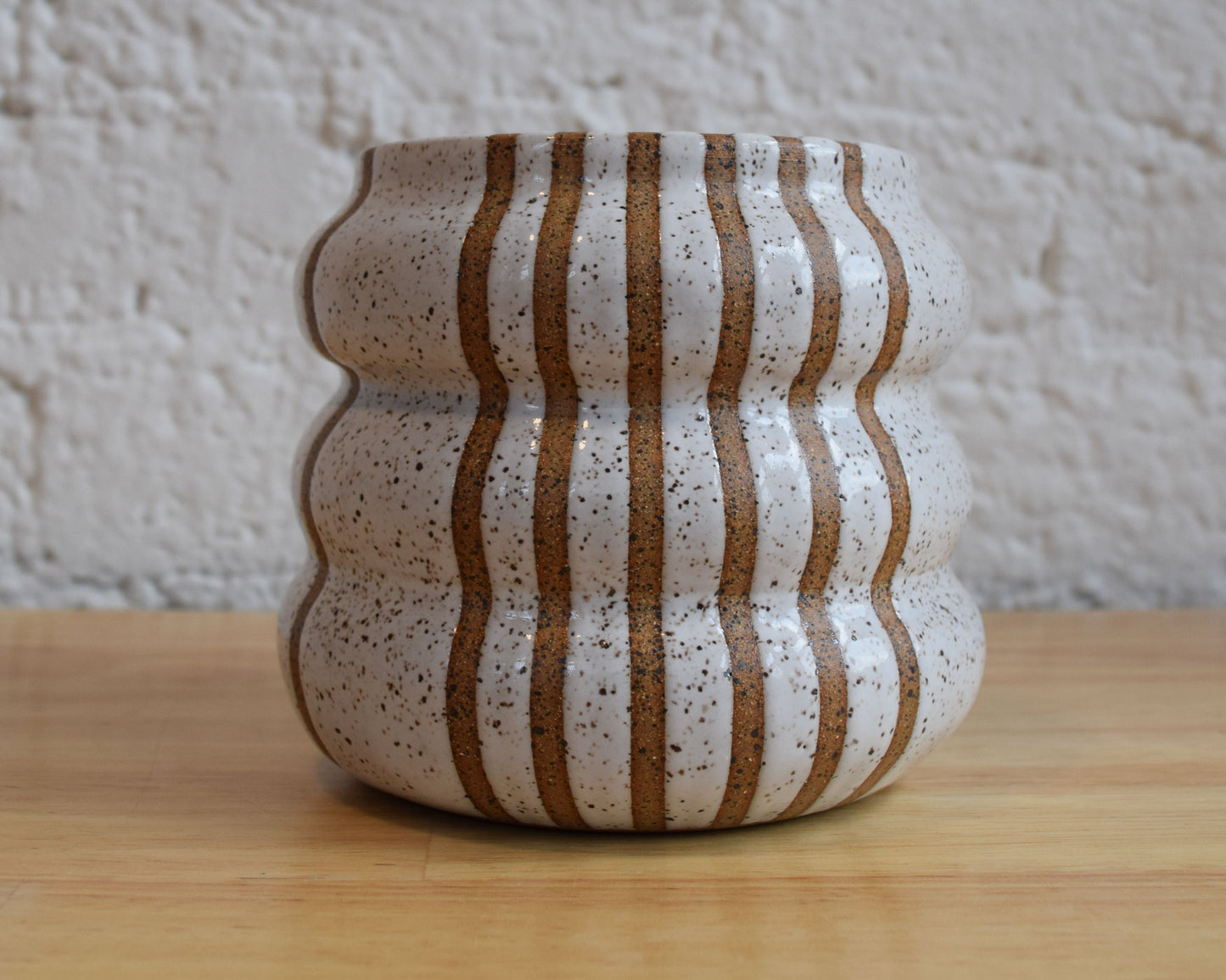 White Wavy Lines Vase Burnt Orange Inside
